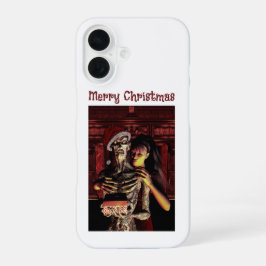 Prettig kerstfeest. Grappig skelet met vrouw iPhone 16 Hoesje
