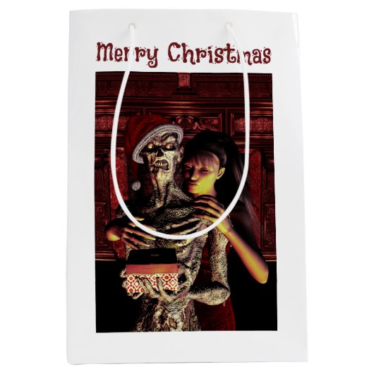 Prettig kerstfeest. Grappig skelet met vrouw Medium Cadeauzakje (Voorkant)