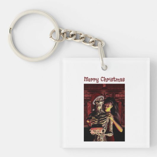 Prettig kerstfeest. Grappig skelet met vrouw Sleutelhanger (Voorkant)
