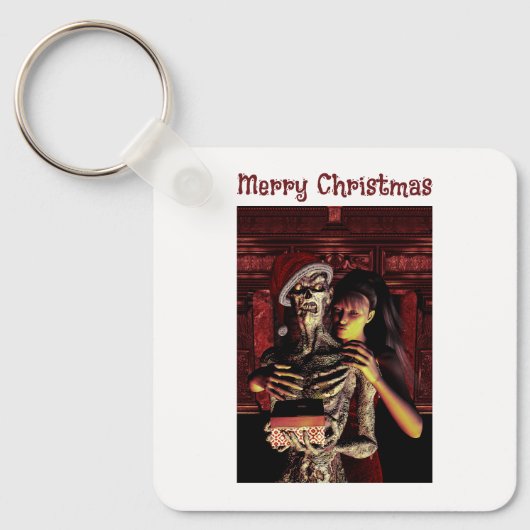 Prettig kerstfeest. Grappig skelet met vrouw Sleutelhanger (Voorkant)