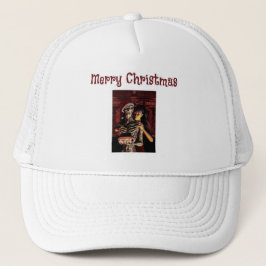 Prettig kerstfeest. Grappig skelet met vrouw Trucker Pet