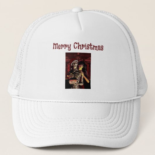 Prettig kerstfeest. Grappig skelet met vrouw Trucker Pet (Voorkant)