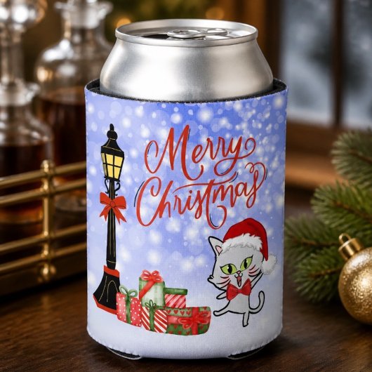 Prettig kerstfeest | Grappige kat in een kerstmuts Blikjeskoeler