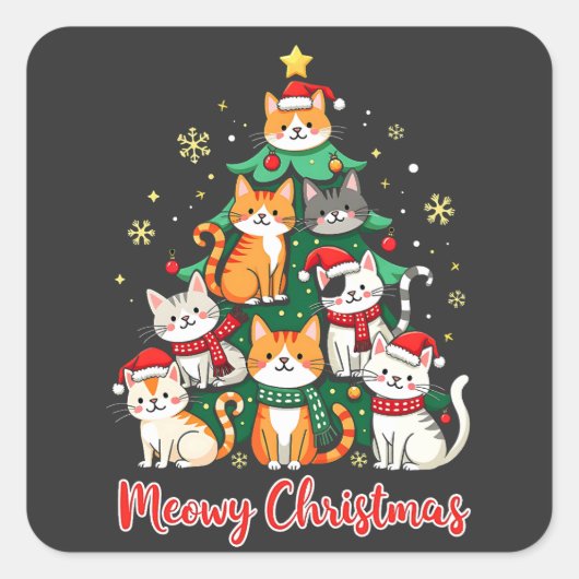 Prettig kerstfeest Grappige Katten Kerstmis Kerstb Vierkante Sticker (Voorkant)