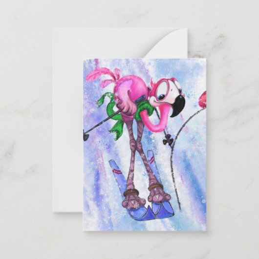 Prettig kerstfeest - Grappige Roze Flamingo Skiër  Notitiekaartje (Achterkant)