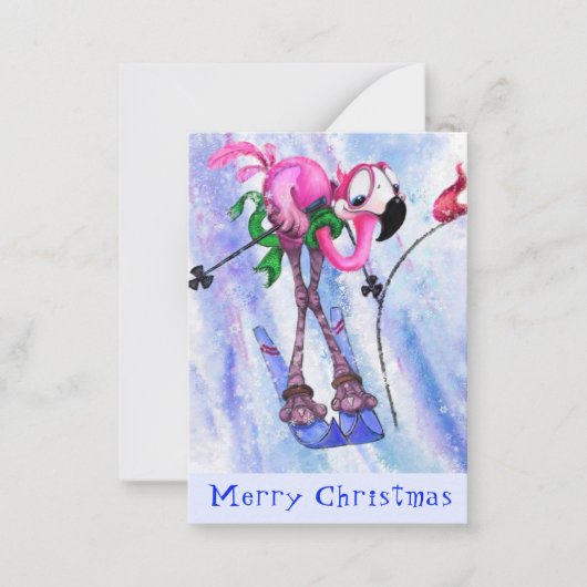 Prettig kerstfeest - Grappige Roze Flamingo Skiër  Notitiekaartje (Voorkant)