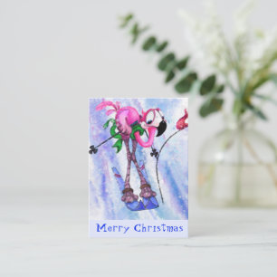 Prettig kerstfeest - Grappige Roze Flamingo Skiër  Notitiekaartje