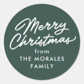 Prettig kerstfeest groen casual script vakantie ca ronde sticker (Voorkant)
