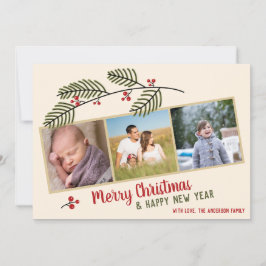 Prettig kerstfeest|Groen en rode bessen 3 foto's Kaart