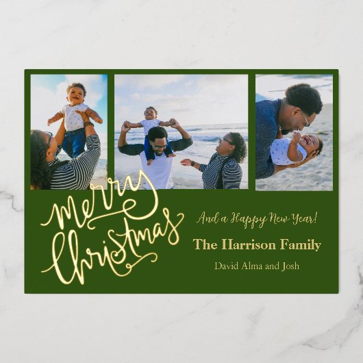 Prettig kerstfeest Groen Gepersonaliseerd Foto Gou Folie Feestdagenkaart (Voorkant)
