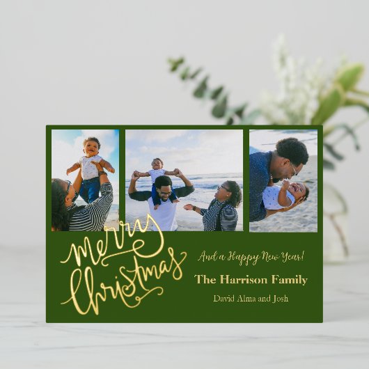 Prettig kerstfeest Groen Gepersonaliseerd Foto Gou Folie Feestdagenkaart (Staand Voorkant)
