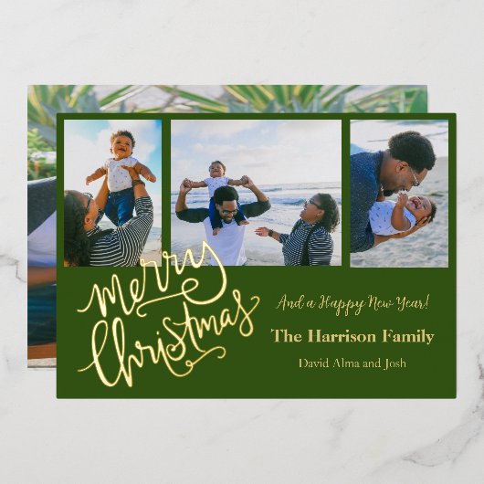 Prettig kerstfeest Groen Gepersonaliseerd Foto Gou Folie Feestdagenkaart (Voorkant / Achterkant)