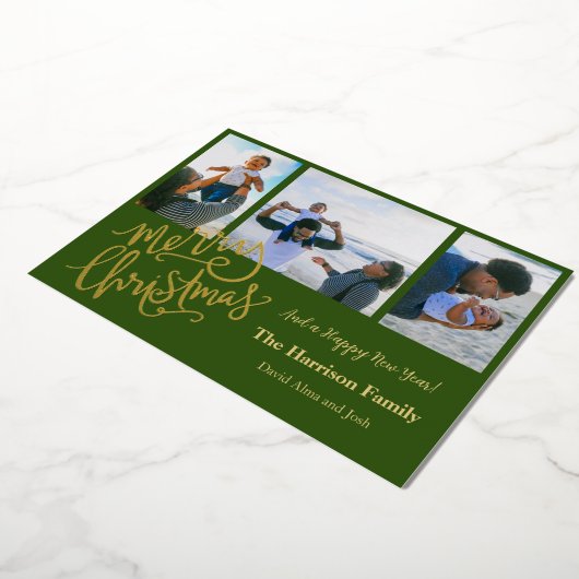 Prettig kerstfeest Groen Gepersonaliseerd Foto Gou Folie Feestdagenkaart (Gedraaid)