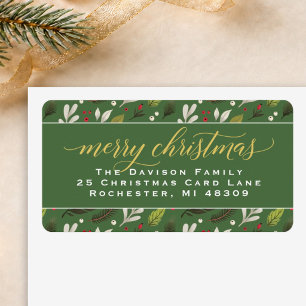 Prettig kerstfeest Groen Goud Elegant Script Adres Etiket