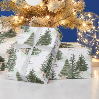 Prettig kerstfeest groene dennenbomen en cadeaus cadeaupapier