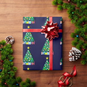 Prettig kerstfeest groene kerstboom:  Donkerblauw Cadeaupapier