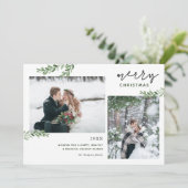 Prettig kerstfeest | Groene takken 2 foto's Feestdagenkaart (Staand voorkant)