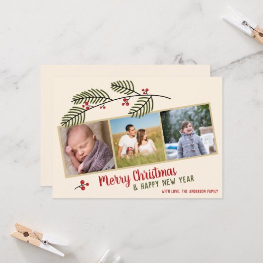 Prettig Kerstfeest| Groene takken en rode bessen 3 Kaart (Voorkant / Achterkant in situ)
