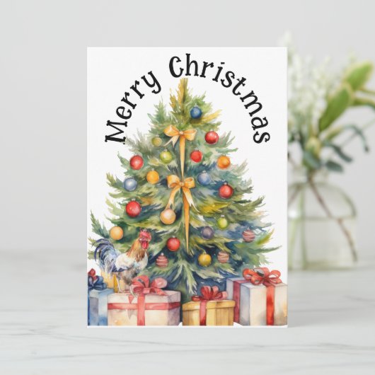 Prettig kerstfeest Haan met kerstboom Feestdagenkaart (Staand voorkant)