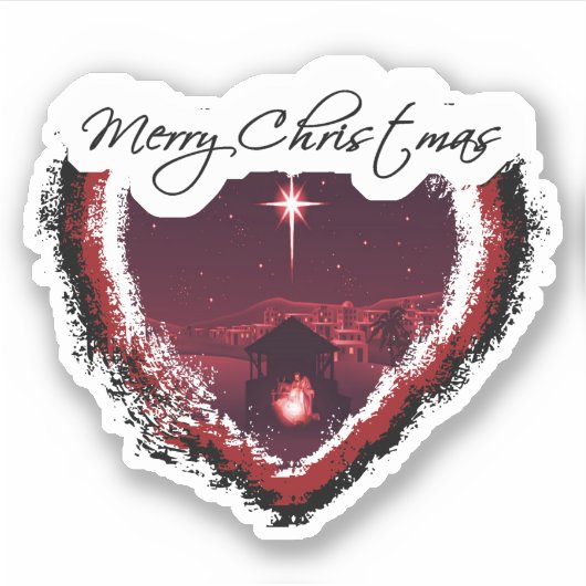 Prettig kerstfeest hart kerststal sticker (Voorkant)
