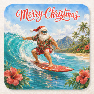 Prettig kerstfeest Hawaii-surfende Kerstman Kartonnen Onderzetters