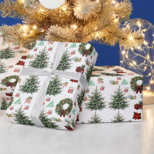 Prettig kerstfeest herhalende boom krans poinsetti cadeaupapier