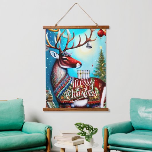 PRETTIG KERSTFEEST HERT HANGEND WANDKLEED (Woonkamer)