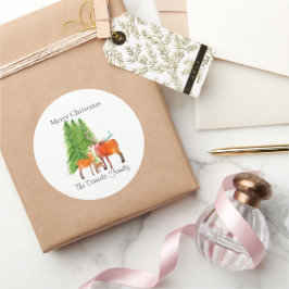 Prettig kerstfeest hertenfamilie in de sneeuw ronde sticker