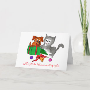 Prettig kerstfeest, hond en kat in het Duits Feestdagen Kaart