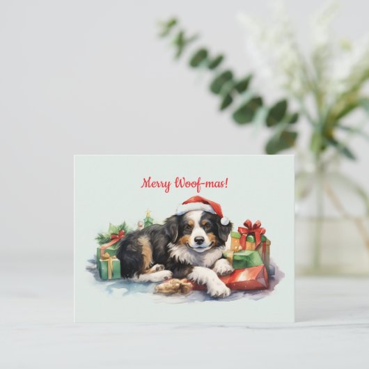 Prettig Kerstfeest Hond Kerstman Hoed Cadeaus Kers Briefkaart (Staand voorkant)