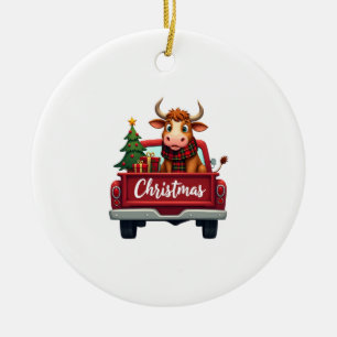 Prettig kerstfeest Hoogland Koe Kerstboom Rode Vr Keramisch Ornament