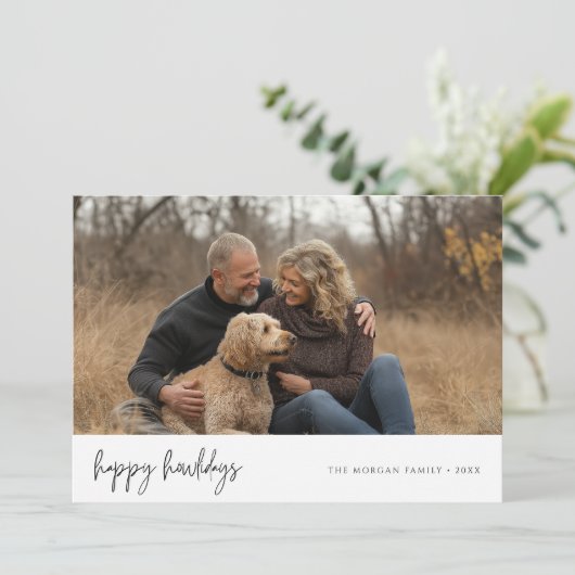 Prettig Kerstfeest Howlidays Koppel Foto Met Hond  Feestdagenkaart (Staand voorkant)