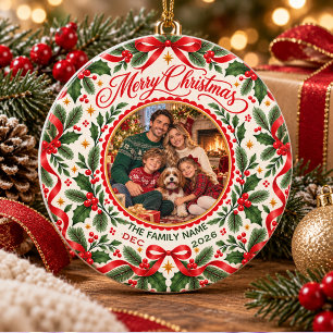 Prettig kerstfeest hulst bessen boog foto ronde sticker