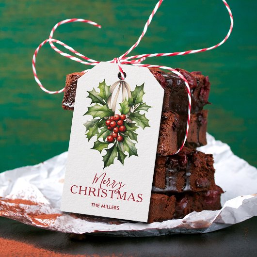 Prettig kerstfeest hulst en bessen cadeaulabel