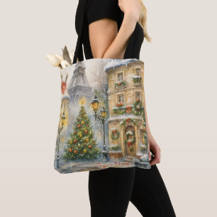 Prettig kerstfeest in Parijs Waterverf Eiffeltoren Tote Bag