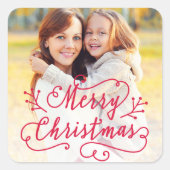 Prettig kerstfeest in rood script vakantiefoto vierkante sticker (Voorkant)