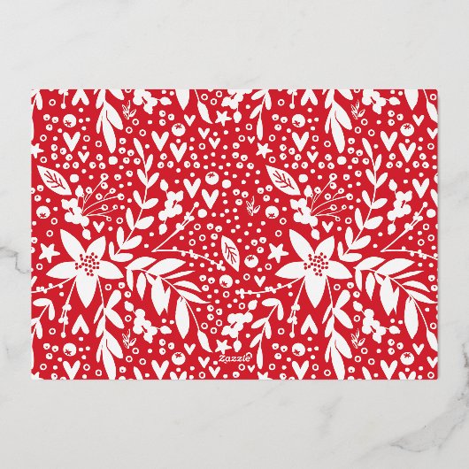 Prettig kerstfeest in rood witte tekst foto bloeme folie feestdagenkaart (Achterkant)