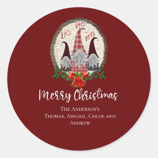 Prettig kerstfeest Kabouters Rood, Rustiek, Geruit Ronde Sticker (Voorkant)