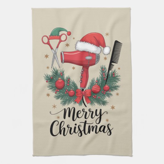 Prettig kerstfeest kapper Kapsalon Kerst Haar  Theedoek (Verticaal)