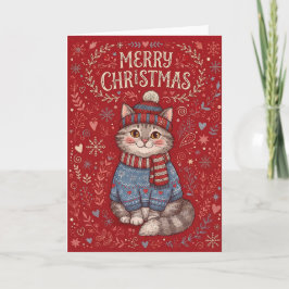 Prettig kerstfeest Kat draagt trui en hoed Feestdagen Kaart