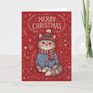 Prettig kerstfeest Kat draagt trui en hoed Feestdagen Kaart