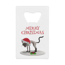 Prettig kerstfeest. Kat met kerstmuts Creditkaart Flessenopener