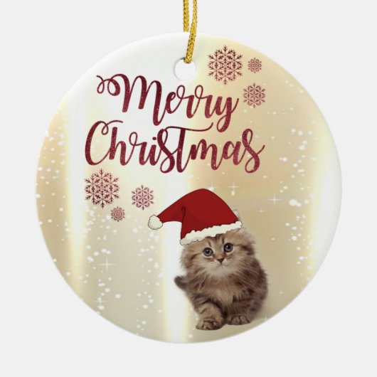 Prettig kerstfeest, kat met kerstmuts keramisch ornament (Voorkant)