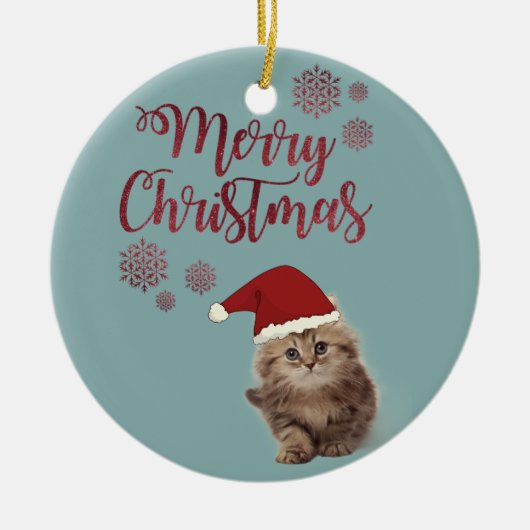Prettig kerstfeest, kat met kerstmuts keramisch ornament (Voorkant)