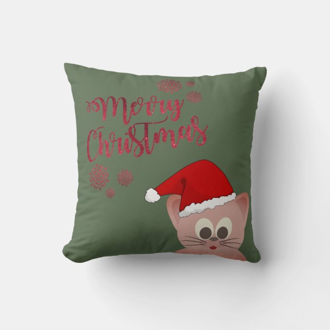 Prettig kerstfeest, kat met kerstmuts kussen (Voorkant)