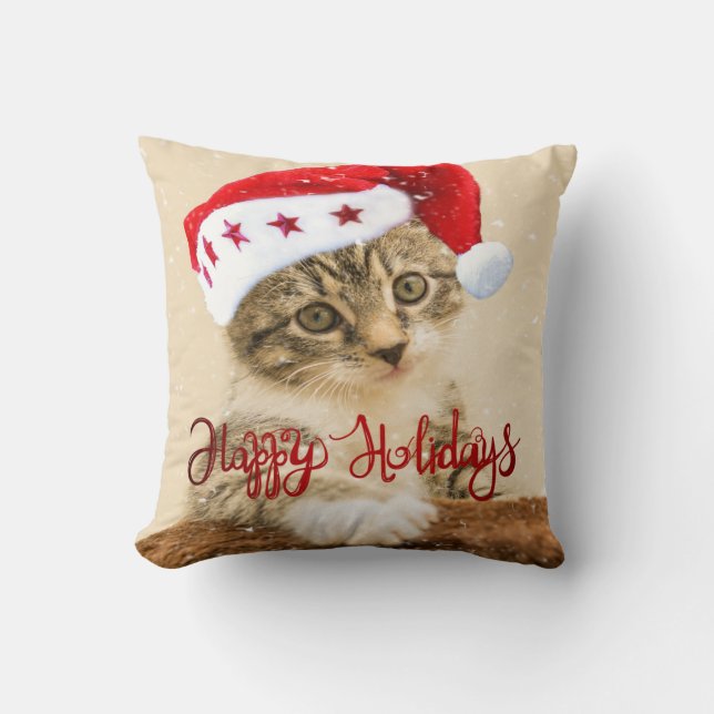 Prettig kerstfeest, kat met kerstmuts kussen (Voorkant)