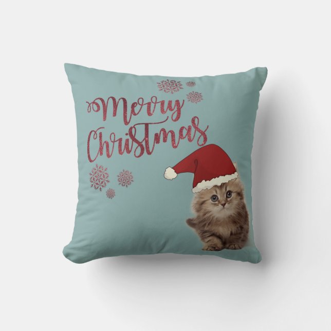 Prettig kerstfeest, kat met kerstmuts kussen (Voorkant)