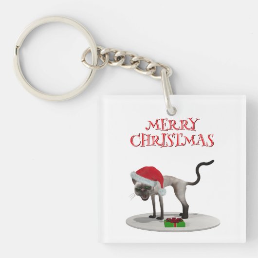 Prettig kerstfeest. Kat met kerstmuts Sleutelhanger (Voorkant)
