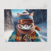 Prettig kerstfeest kat skiën feestdagenkaart (Voorkant)