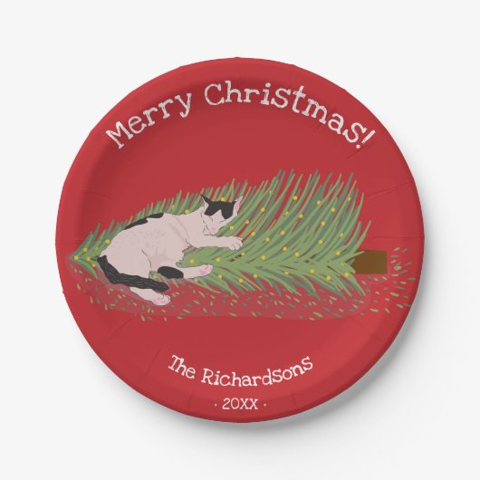 Prettig kerstfeest! Katten versus Kerstboom Hollid Papieren Bordje (Voorkant)